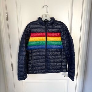 Primary Adult Unisex stripe lightweight puffer jacket Navy Rainbow SMALL - NEW